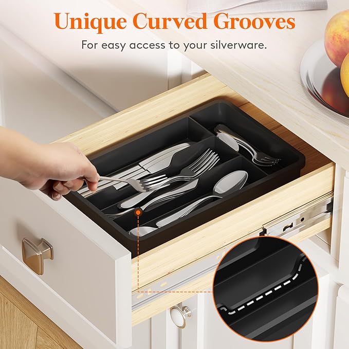 Lifewit Silverware Drawer Organizer Tray, Plastic Cutlery Storage for Kitchen, Flatware and Utensil Holder Divider for Spoons Forks Knives Tableware, 7.8 x 12.4", 4 Slots, Black - Image 5