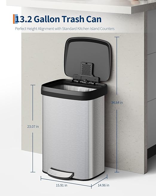 Garvee 13 gal / 50 L Stainless Steel Trash Can with Lid, Large Garbage Can for Kitchen, Rustproof Step-on Kitchen Metal Trash Bin with Liner Rim, Rear Handle, Soft Close Plastic Lid, Silver - Image 6