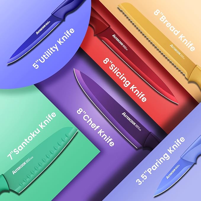Astercook Knife Set, 12 Pcs Color-Coded Kitchen Knives Set, 6 Color Anti-Rust Coating Stainless Steel Chef Knife Sets with 6 Blade Guards Dishwasher Safe Mothers Day Gifts - Image 4