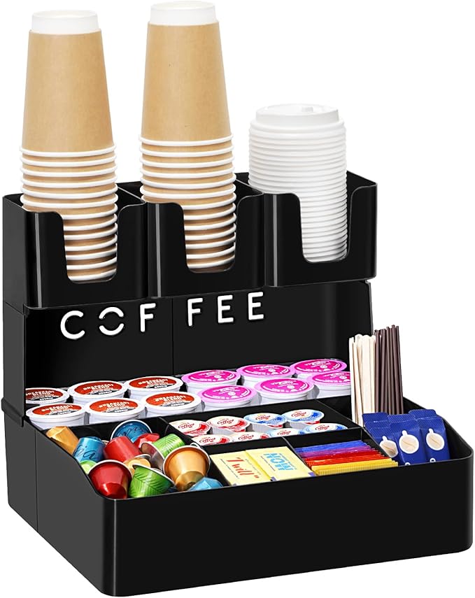 Lifewit 2-tier Coffee Station Organizer Caddy for Countertop, 10 Compartments Coffee Bar Organizers for Cups, Pods, Sugar, Compact Condiment Holders Storage for Office Breakroom Kitchen Home Black by Lifewit
