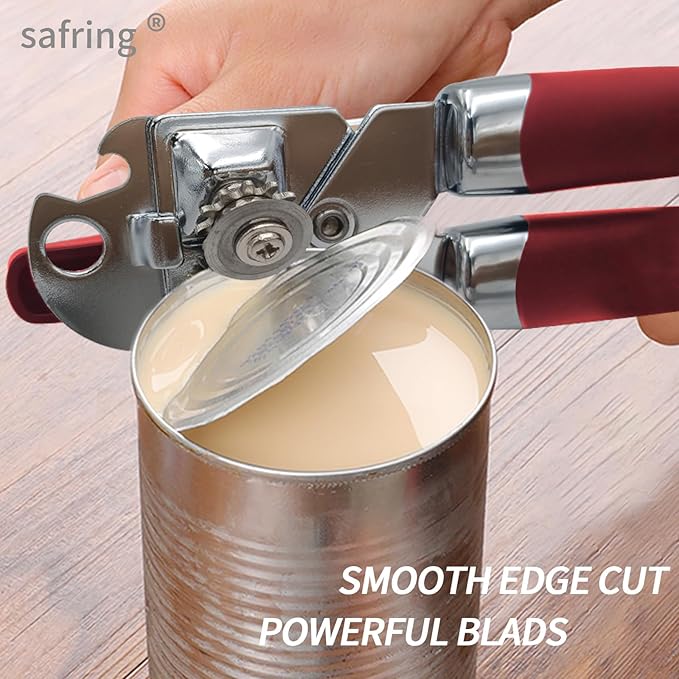 Safring Can Opener Manual, Handheld Strong Heavy Duty Stainless Steel Can Opener, Comfortable Handle, Sharp Blade Smooth Edge, Can Openers with Multifunctional Bottle Opener, Red - Image 4