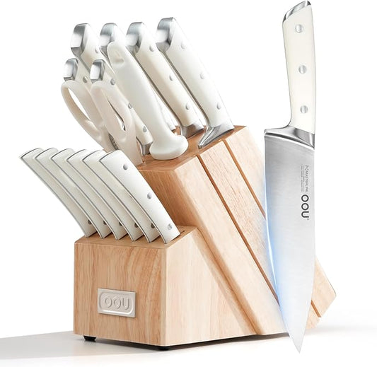 OOU 2026 Master Line 15-Piece German High Carbon Steel Knife Set - Professional Sharp Chef Knife with FSC Wooden Block - Ergonomic Handle Kitchen Knife Set with Steak Knives & Sharpener