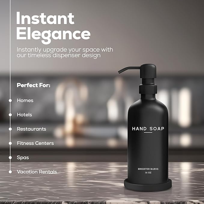 Black Glass Hand Soap Dispenser Bathroom Set by Brighter Barns - Bathroom Soap Dispenser Set with Tray and Stainless Steel Pump - Modern Decor for Kitchen, Hotel, Vacation Rental, Restaurants (Black) - Image 2