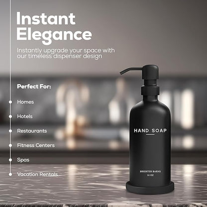 Black Glass Hand Soap Dispenser Bathroom Set by Brighter Barns - Bathroom Soap Dispenser Set with Tray and Stainless Steel Pump - Modern Decor for Kitchen, Hotel, Vacation Rental, Restaurants (Black) - Image 2