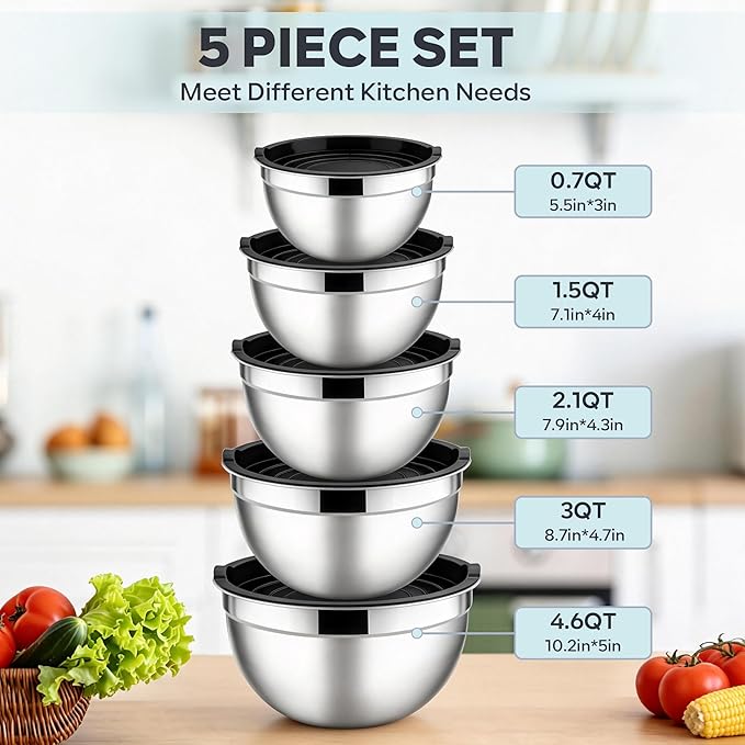 E-far Mixing Bowls With Lids Sets of 5, 10-Piece Stainless Steel Salad Metal Nesting Bowl for Baking Cooking and Prepping, Airtight Lid & Stackable Design, Size 4.6, 3, 2.1, 1.5, 0.7 QT, Black - Image 2