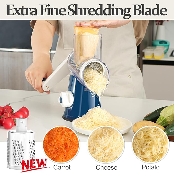 Cambom Rotary Cheese Grater Hand Crank Cheese Shredder for Fresh Cheese, Vegetable, Nuts, Non-slip Suction Base,Five Blades, Deep Blue - Image 2