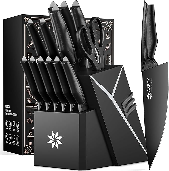 Kitchen Knife Sets with Block -15 PCS Knife Set with Bulti-in Sharpener, Dishwasher Safe, Stainless Steel Kitchen Knife with Ergonomic Handles, Sharp knives for Men and Women,Mothers Day, Black by ASETY