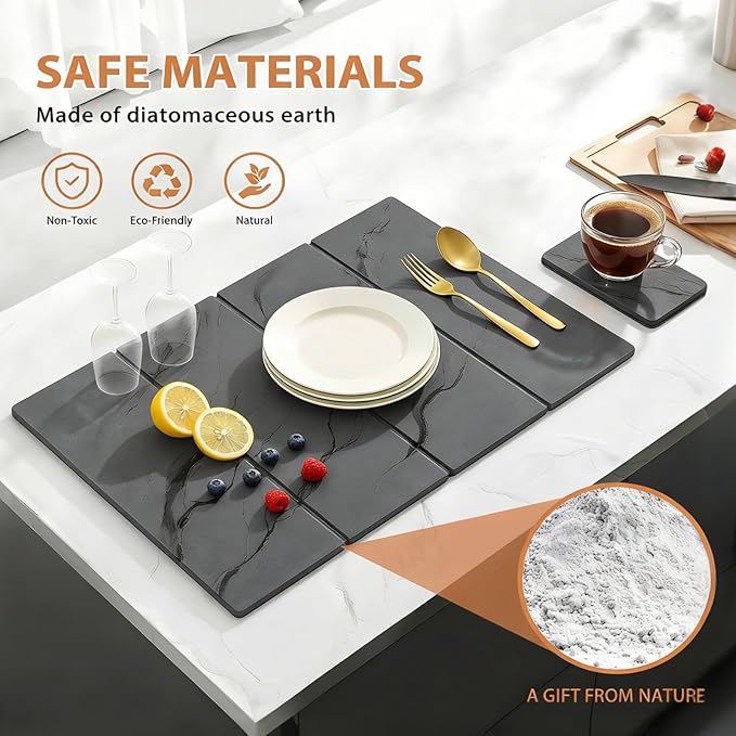 Large Stone Dish Drying Mat for Kitchen Counter, 2 PCS Quick Dry Diatomaceous Earth Dish Mat Set – Foldable Water Absorbing Kitchen Accessories for Countertop(Dark Gray 24"x16"&8"x4") - Image 5