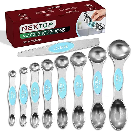 Magnetic Measuring Spoons Set of 9 Stainless Steel Dual-Sided Stackable Measuring Spoon Nesting Teaspoons Measuring Dry and Liquid Ingredients, Fits in Spice Jars Set of 9 (Blue Aqua Sky) by Nextop