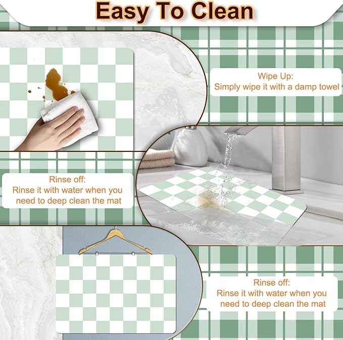 Dish Drying Mat for Kitchen Counter, 12" x 20" Checkered Coffee Bar Mat for Espresso Machine, Absorbent Stain-Resistant Countertop Protector, Non-Slip Back Drying Pad for Coffee Maker, Green & White