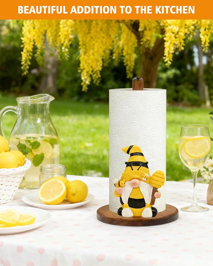 Paper Towel Holder, Honey Bee Kitchen Decor, Cute 3D Gnome Gifts for Women Mom Grandma, Wooden Freestanding Countertop Stand for Standard & Jumbo Rolls