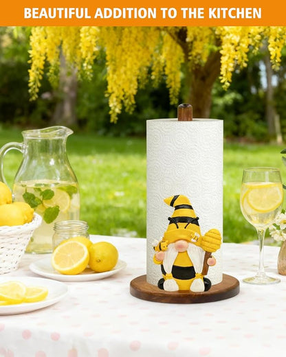 Paper Towel Holder, Honey Bee Kitchen Decor, Cute 3D Gnome Gifts for Women Mom Grandma, Wooden Freestanding Countertop Stand for Standard & Jumbo Rolls