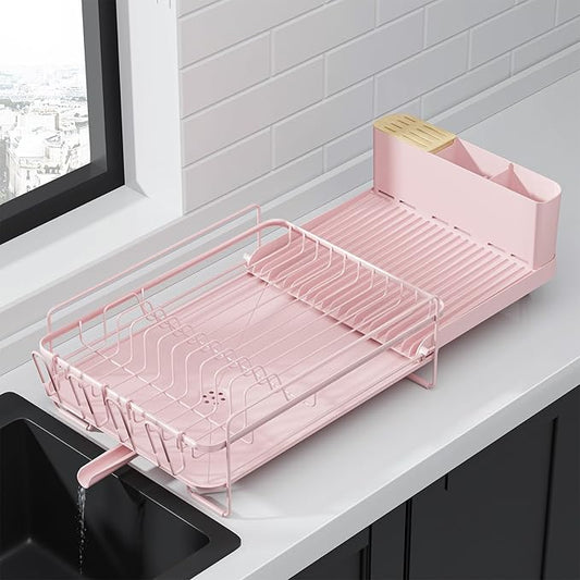 Kitsure Large Dish Drying Rack - Extendable Dish Rack, Multifunctional Dish Rack for Kitchen Counter, Anti-Rust Dish Drainers with Cutlery & Cup Holders 19.2"-26.7" L x 12.9" W, Pink by Kitsure