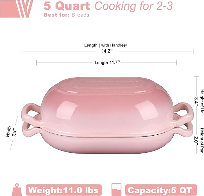 VORRINGARD Enameled Cast Iron Sourdough Bread Oven, Dutch Oven, Loaf Cast Iron Bread Pan for Homemade Bread Baking, Meatloaf Pan with Lid, 5QT, Pink - Image 2
