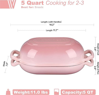 VORRINGARD Enameled Cast Iron Sourdough Bread Oven, Dutch Oven, Loaf Cast Iron Bread Pan for Homemade Bread Baking, Meatloaf Pan with Lid, 5QT, Pink - Image 2