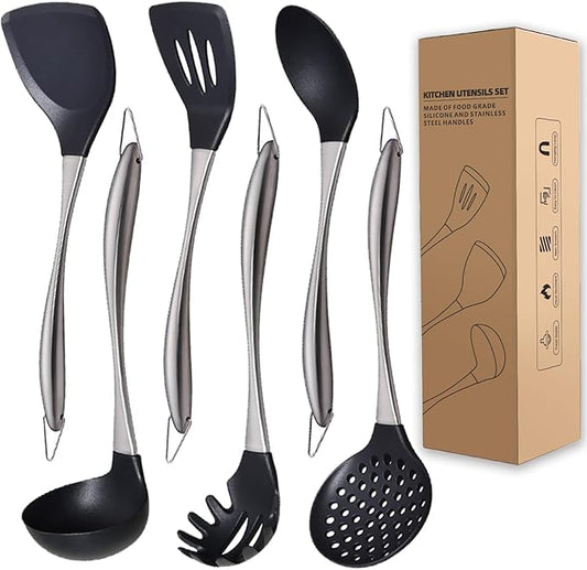 Kitchen Utensils Set, Large Non-stick Silicone Cooking Utensils Set 6 Pcs,Made of 446°F Heat Resistant Food Grade Silicone and Stainless Steel Handles,Easy to Clean Kitchen Gadgets Set (Silver)