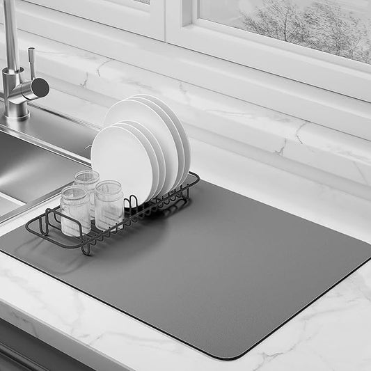 Dish Drying Mat for Kitchen Counter Super Absorbent Drainer Mats with Non-slip Rubber Backed Hide Stain Heat Resistant Easy to Clean Dish Rack Mat (Gray, L-24"x16") by EDC-BFYOU