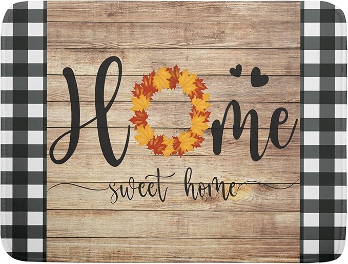 Giwawa Home Sweet Home Dish Drying Mat 18x24 Inch Fall Autumn Maple Leaf Wreath Dish Drainer Mats Rustic Brown Wood Board Microfiber Dish Drying Rack Pad for Kitchen Countertop Farmhouse Decor