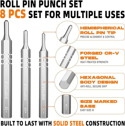 BESTNULE 8 Piece Roll Pin Punch Set, Pin Punch Set, Punch Tools with 1 Tweezers, Made of Solid Material Including Steel Punch and Tweezer, Ideal for Machinery Maintenance