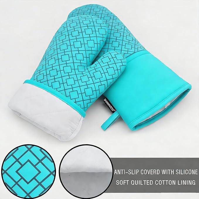 Oven Mitts and Pot Holders Sets 6pcs, Kitchen Oven Glove,High Heat Resistant 550 Degree Extra Long Oven Mitts and Potholders with Non-Slip Silicone Surface for Home Essentials (Grey) (Ice Blue) - Image 3