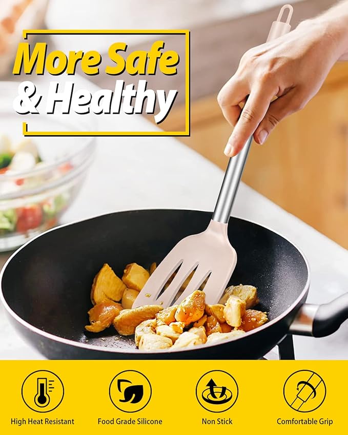 Pack of 2 Silicone Solid Turner, Non Stick Slotted Kitchen Spatulas, High Heat Resistant BPA Free Cooking Utensils, Ideal Cookware for Fish, Eggs, Pancakes(Stainless Steel Khaki) - Image 4
