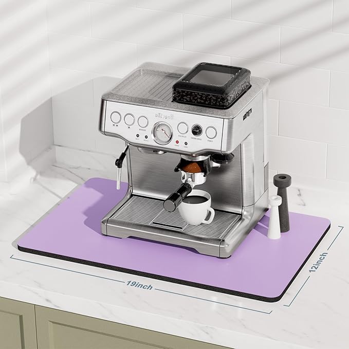 Rnivvi Coffee Mat, 12" x 19" Coffee Bar Mats for Espresso Machine Station Accessories and Organizer, Hide Stain Rubber Backed Absorbent Dish Drying Pad for Kitchen Counter, Cute Bar Decor Pad, Purple - Image 2