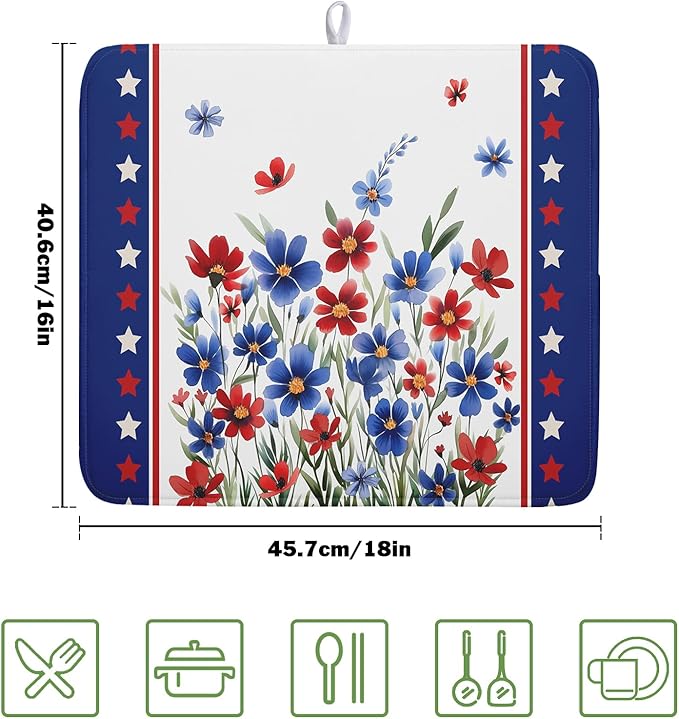 4th of July Dish Drying Mats for Kitchen Counter Patriotic Star Microfiber Absorbent Dish Drainer Rack Mat Summer Floral Independence Day Protector Sinks Dishes Pad for Countertop Table Decor 16”x18”