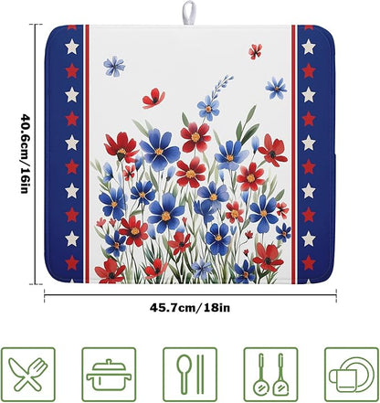 4th of July Dish Drying Mats for Kitchen Counter Patriotic Star Microfiber Absorbent Dish Drainer Rack Mat Summer Floral Independence Day Protector Sinks Dishes Pad for Countertop Table Decor 16”x18”