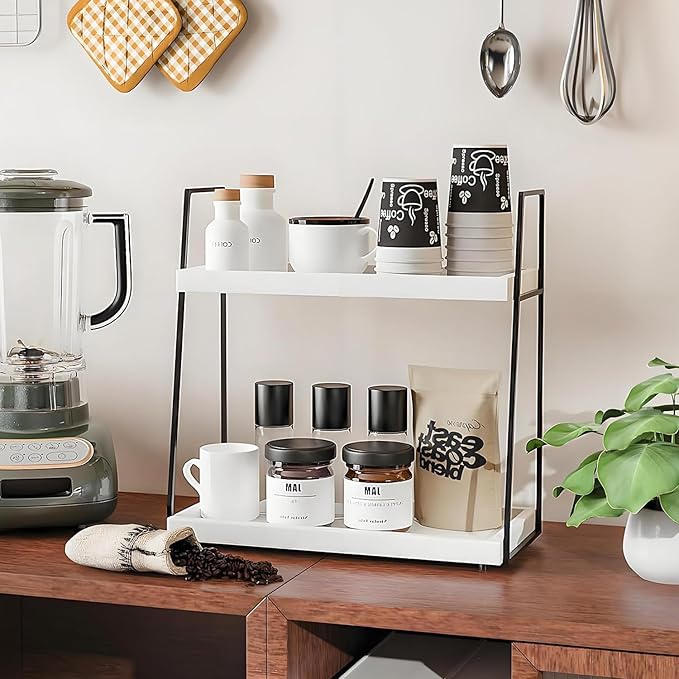 Countertop Coffee Station Organizer, 2 Tier Large Coffee Bar Organizer for Accessories Storage, Stable Metal Wooden Shelf Syrups Holder Condiments Rack - Image 3