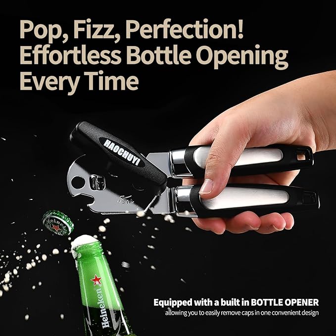 Heavy Duty Stainless Steel Smooth Edge Manual Can Opener and Bottle Openers, Soft Ergonomic Handle, Oversized Handheld Easy Turn Knob, Multifunctional Kitchen Tool, Black ﻿