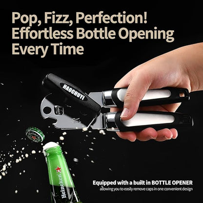 Heavy Duty Stainless Steel Smooth Edge Manual Can Opener and Bottle Openers, Soft Ergonomic Handle, Oversized Handheld Easy Turn Knob, Multifunctional Kitchen Tool, Black ﻿