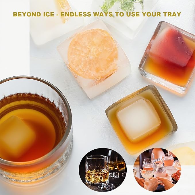 Large Ice Cube Trays for Whiskey, silicone ice cube trays with lid, Enhanced Stability with Built-in Steel Ring, 2inch Huge Cubed ice cube molds, Stackable, Easy Release, Dishwasher Safe(2Pack,Gray)