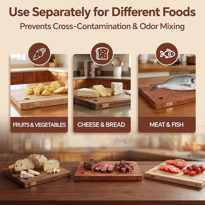 Book Cutting Board Set with Separated Stand, 3 Piece [Acacia/Ebony/Rubber] Wood Cutting Boards That Look Like Books for Kitchen Decor, Reversible Thick Chopping Board with Brass Food Labels - Image 5