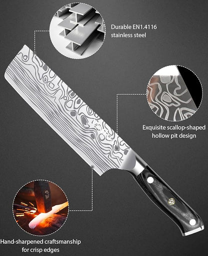MOSFiATA 7” Nakiri Chef's Knife with Finger Guard, German High Carbon Stainless Steel EN1.4116 Vegetable Knife, Multipurpose Kitchen Knife with Micarta Handle in Gift Box - Image 3