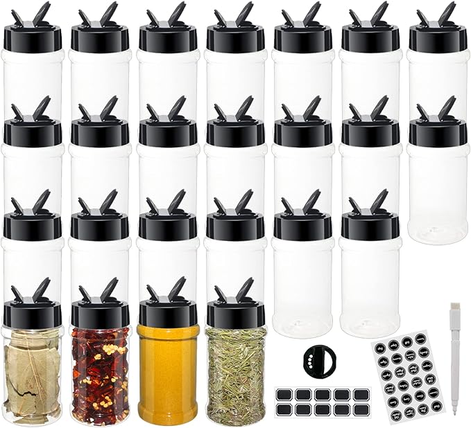 24 Pack 6oz Clear Plastic Spice Jars With Black Lids, Empty Round Spice Bottles, Plastic Seasoning Containers with Chalk Labels, Pen, Spice Containers For Kitchen Cabinet by BPFY