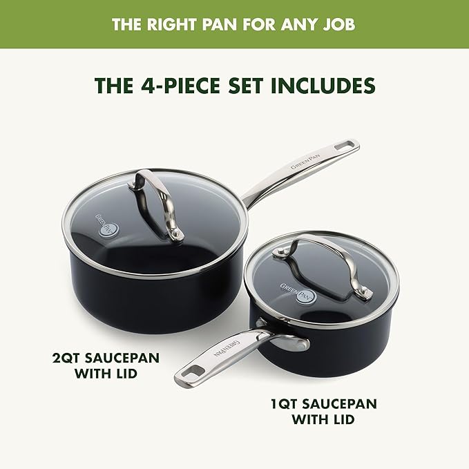 GreenPan Prime Chatham 1QT & 2QT Saucepan Pot Set with Glass Lids, Hard Anodized Diamond Infused Ceramic Nonstick, PFAS-Free, Dishwasher Safe, Oven Safe, Multipurpose Chefs Pan, Stay-Cool Handle,Black - Image 3
