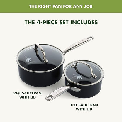 GreenPan Prime Chatham 1QT & 2QT Saucepan Pot Set with Glass Lids, Hard Anodized Diamond Infused Ceramic Nonstick, PFAS-Free, Dishwasher Safe, Oven Safe, Multipurpose Chefs Pan, Stay-Cool Handle,Black - Image 3