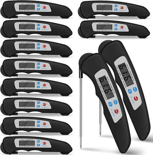 Xuhal 12 Pcs Digital Meat Thermometer with Probe Waterproof Instant Read Foldable Food Thermometer with Magnet for Kitchen Grilling Cooking Turkey Baking BBQ (Black)