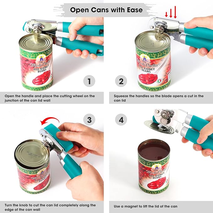 Beneno Heavy Duty Hand Can Opener Manual with Magnet, Durable Sharp Carbon Steel Blade Smooth Cutting, Big Effort-Saving Knob & Soft Grip Handle, Multifunctional Bottle Opener, Turquoise - Image 5