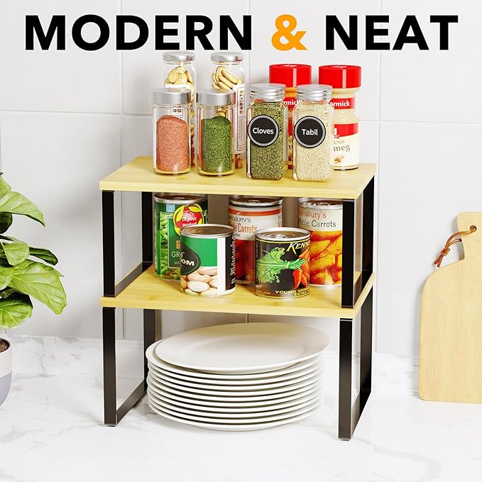 SpaceAid Cabinet Shelf Organizers 2 Pack, Kitchen Counter Rack Shelves Riser, Stackable Expandable Spice Rack, Pantry Cupboard Storage Organization (Black and Natural, Short) - Image 5