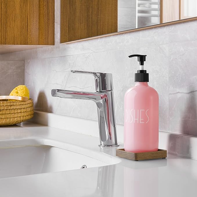 Pink Glass Dish Soap Dispenser with Acacia Wood Tray, 16 oz Refillable Kitchen Soap Pump Bottle, Decorative Countertop Soap Dispenser Set for Kitchen Bathroom Accessories - Image 6