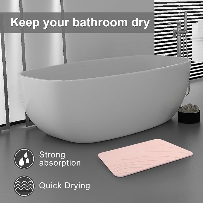 2 Pack Diatomaceous Earth Shower Mat, Stone Bath Mat, Nonslip Super Absorbent Fast-Drying Hard Bath Mat for Bathroom Shower Floor, 23.62 x 15.35 inch, Pink