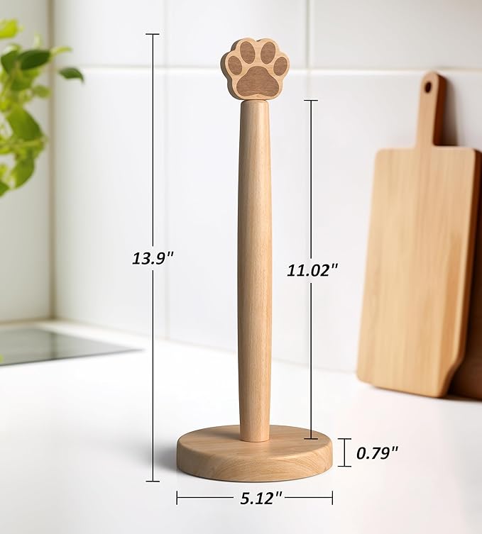 KitchLife Cute Wooden Paper Towel Holder Countertop - Solid Freestanding Paper Towel Dispenser Stand Organizer with Anti-Skid Base (Paw) - Image 2