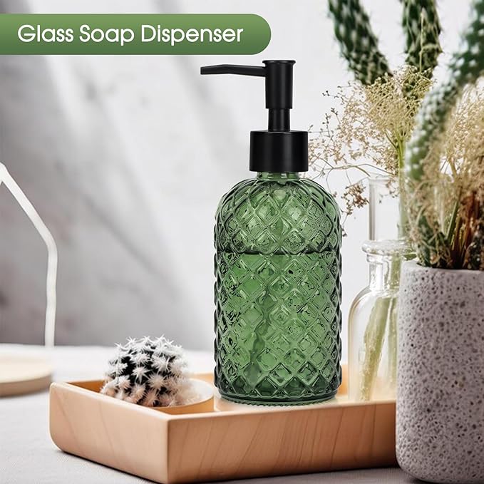 Topsky Gem Glass Soap Dispenser with Black Plastic Pump, 13oz Liquid Hand Soap Dispenser, Rustproof Pump for Kitchen & Bathroom, Great for Lotions, Essential Oil, Liquid Soaps-Army Green - Image 2