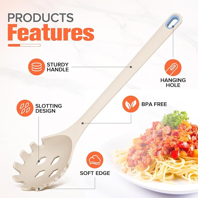 Silicone Spaghetti Spoon&Soup Ladle Cooking Utensils Set of 2,No Scratch for Nonstick Cookware,BPA Free, 450℉ Heat Resistant (KHAKI) - Image 5