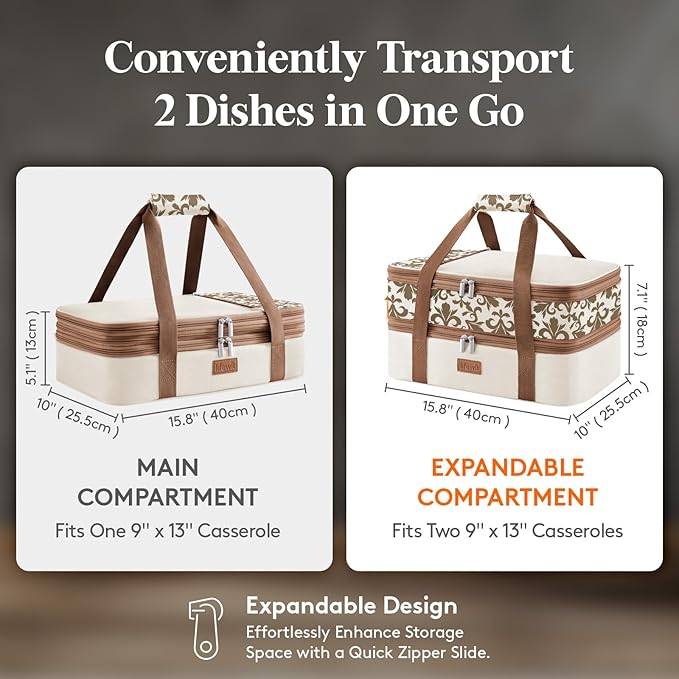 Lifewit Insulated Double Decker Casserole Carrier, Expandable Lasagna Lugger Tote Bag for Hot or Cold Food, Fits 9" x 13" Baking Dish for Potluck Parties, Picnic and Cookouts, Cream-Flowers