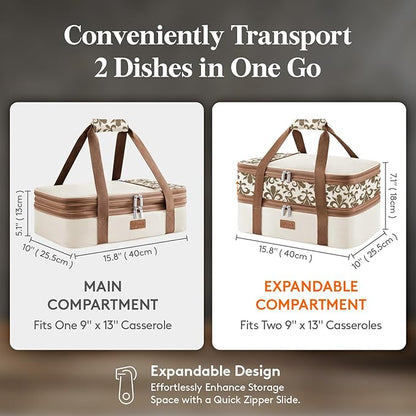Lifewit Insulated Double Decker Casserole Carrier, Expandable Lasagna Lugger Tote Bag for Hot or Cold Food, Fits 9" x 13" Baking Dish for Potluck Parties, Picnic and Cookouts, Cream-Flowers