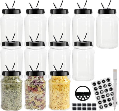 12 Pack 16 oz Clear Plastic Spice Jars With Black Plastic Lids, Spice Bottles, Seasoning Containers with Chalk Labels, Pen, Spices Containers For Kitchen Cabinet by BPFY