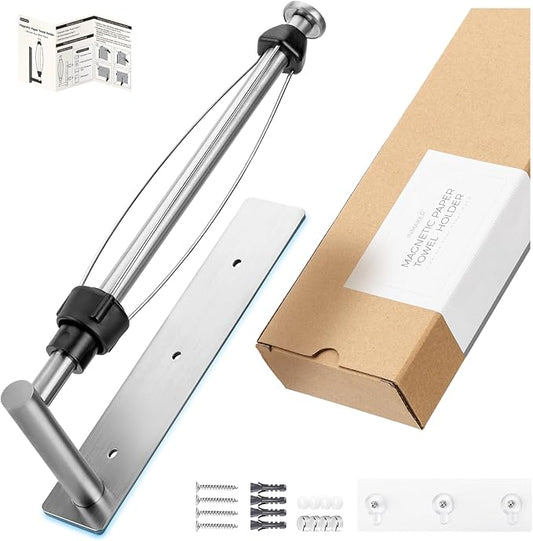 INMAKER Magnetic Paper Towel Holder, Strong Magnet Paper Towel Holder for Fridge, Kitchen, RV, Garage, Grill with Self Adhesive Wall Mount and Screws, One Hand Tear with Adjustable Damping (Silver)