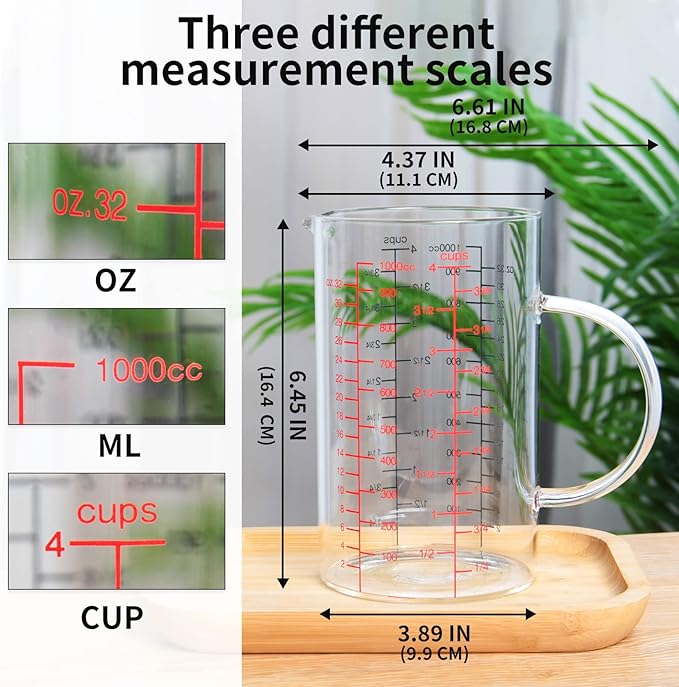 77L Glass Measuring Cup, [Double-Sided Measuring Scale, Insulated handle, V-Shaped Spout], High Borosilicate Glass Measuring Cup for Kitchen or Restaurant, Easy To Read, 1000 ML (1 Liter, 4 Cup) - Image 5